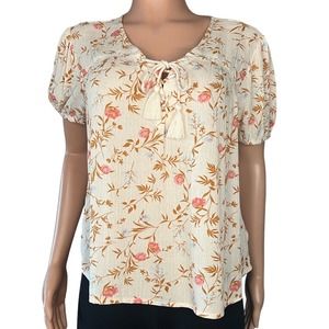 Lucky Brand Shirt Womens Small Multicolor Floral Short Sleeve Tassel Tie Gauze